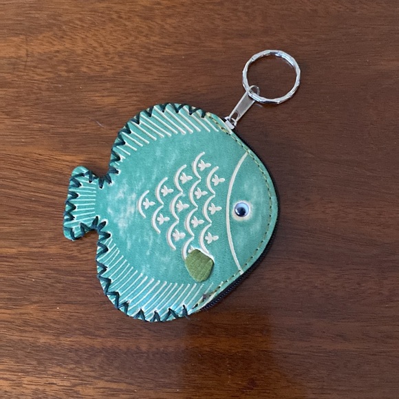 Italian Hand Tooled Leather Fish Shaped Coin Purse & Key Ring 4” by 4” New - Picture 2 of 12